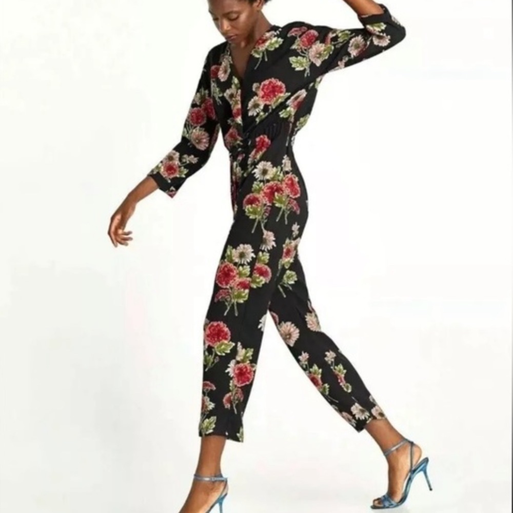 Zara Dark Floral Cross Front Long Sleeve Jumpsuit | Size Extra Small